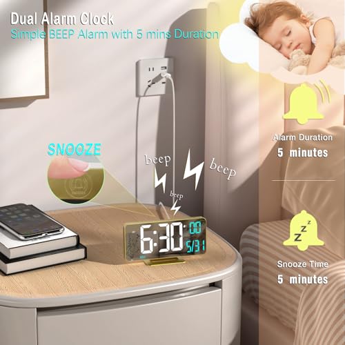KOSUMOSU Dual Alarm Clock 6.7in Gold Desk Clock with Dimming, 12/24h, Seconds, Date, Day of Week, Temp, Digital LED Clock for Bedroom, Digital Calendar Clocks for Living Room Gold Desk Accessories - color: Gold Clock(white+blue Led)