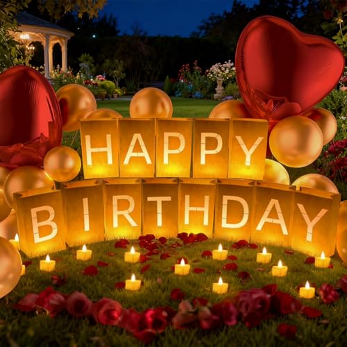 Happy Birthday Decoration for Men Women, Valentine’s Day Light Up Letters Luminary Bags with 30 Bright LED Candles, 2000 Rose Petals, 10 Balloons, Surprise Birthday Party Banner Signs - style: Happy Birthday