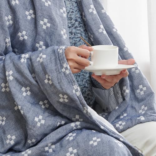 jinchan 100% Cotton Muslin Blanket Twin Boho Throw Blanket 50x60 Denim Blue - color: B. Cross Blue, size: 50"x60"
