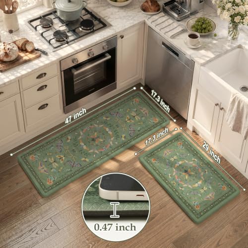 KIMODE Kitchen Mats for Floor Cushioned Anti Fatigue Kitchen Rugs Sets of 2 - color: Sage Green Botanical
