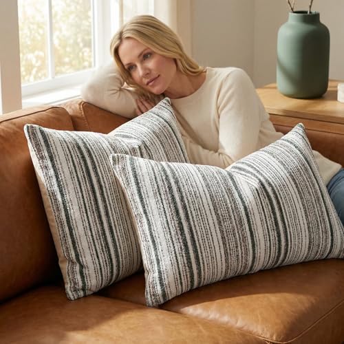 Set of 2 Striped Chenille Throw Pillow Covers 12x20 Inches Premium Plush Textured Decorative Cushion Covers Reinforced Hidden Zipper Mid-Century Modern Farmhouse Decor for Couch Sofa Green - color: Green, size: 20" x 12" (Pack of 2)