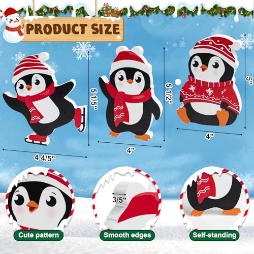 COCHIE Penguin Christmas Decorations Indoor, Cute Penguins Winter Tiered Tray Decor Set of 3, Wooden Penguin Blocks Xmas Table Decoration for Party Home Office Shelf Door (Red) - color: Red