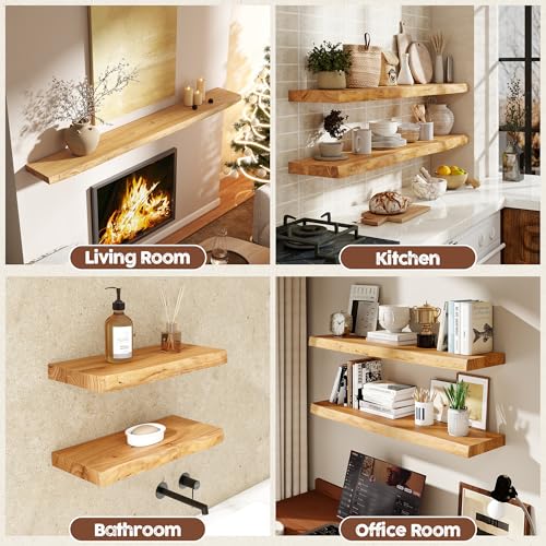 fuqing Live Edge Floating Shelves for Wall, 72 Inch Solid Elm Wood Shelves - color: Natural Elm Live Edge - 8"d, size: 72"L - 1Pack