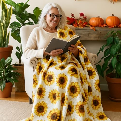 Serafina Home Summer Sunflower Throw Blanket: Beautiful Fleece Flowers with Yellow Brown White Accents, 50" x 60", for Couch, Bed, Travel - color: Sunflower