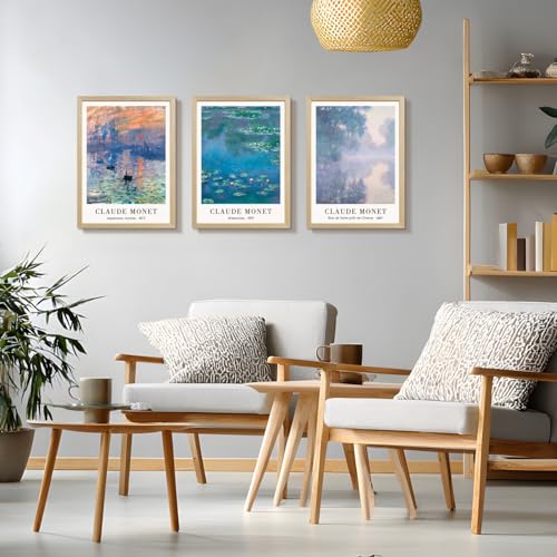 LLEEMPI Claude Monet Water Lilies Wall Art Set of 3, 12x16 Framed Prints - color: MonetWaterLily(Wood), size: 16"L x 12"W