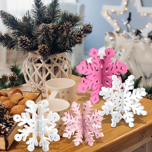 Wooden Snowflake Decorations, 3D Pink Christmas Table Decoration, Set of 12 - color: Pink White, size: 12 set