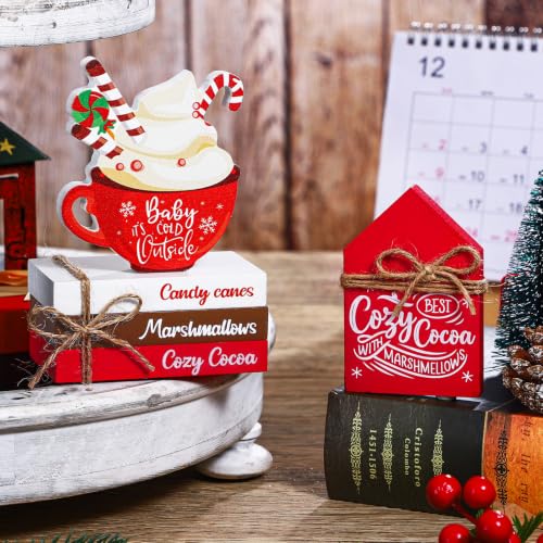 Blulu 5 Pcs Hot Cocoa Decorations Christmas Red Hot Cocoa Sign Winter Tiered Tray Decor 3 Wood Faux Books Bundle with Twine Farmhouse Winter Table Centerpieces for Xmas Home Office Mantel Shelf Decor - style: Candy