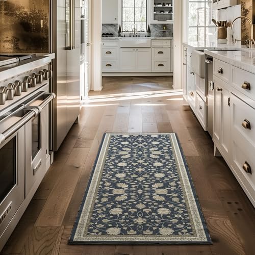 EverGrace Hallyway Area Runner Rugs 2x6, Boho Floral Faux Wool Indoor Outdoor Rugs, Washable Rugs for Bedroom Bathroom Living Room Kitchen, Low Pile Floor Mat Carpet for Home Decor, Navy Blue - color: Navy Blue Multi, size: 2'x6'
