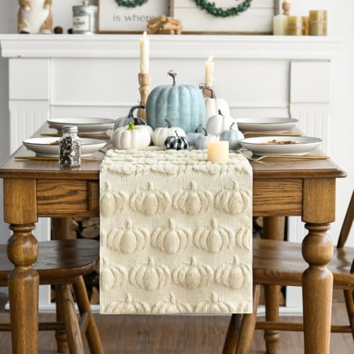 Artoid Mode Beige Soft Faux Fur Pumpkins Fall Table Runner 13x72 Inch - color: Beige, size: 13" x 72", Table Runner