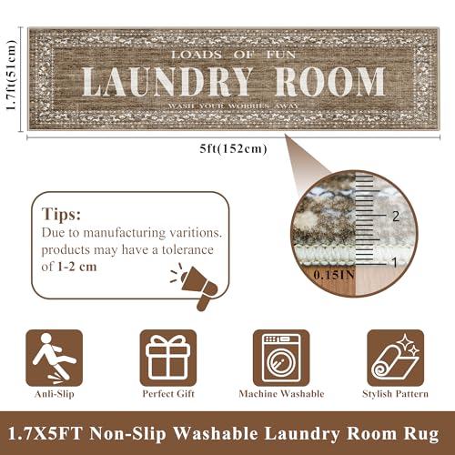Washable Runner Rug for Laundry Room: Non Slip 20"x60" Laundry Rug Vintage Distressed Indoor Low Pile Carpet for Washroom Bathroom Area Durable Soft Floor Mat for Family with Kids & Pets 20"x60" Brown - color: Brown, size: 1'8" x 5' (Rectangular)