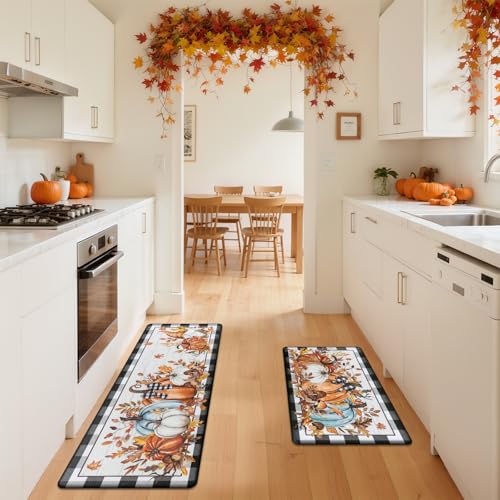 SHACOS Fall Anti Fatigue Kitchen Mats Pumpkins Gnome 17x27.5+17x47 | Orange Maple Black White Checkered Autumn Harvest Cushioned Kitchen Rugs Sets of 2 Non Slip Kitchen Floor Mat - color: Pumpkins Black Plaid