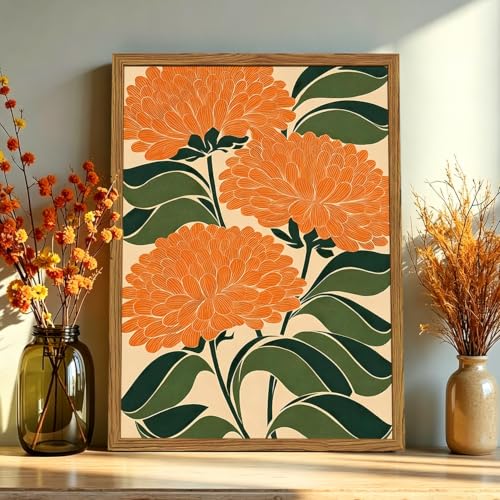 Framed Boho Floral Wall Art, Vintage Orange Flower Canvas Wall Decor Pictures, Mid Century Modern Abstract Botanical Paintings Prints Maximalist Home Decor for living Room Bedroom Office 16x24 inch - color: Orange Flower, size: 24"L x 16"W