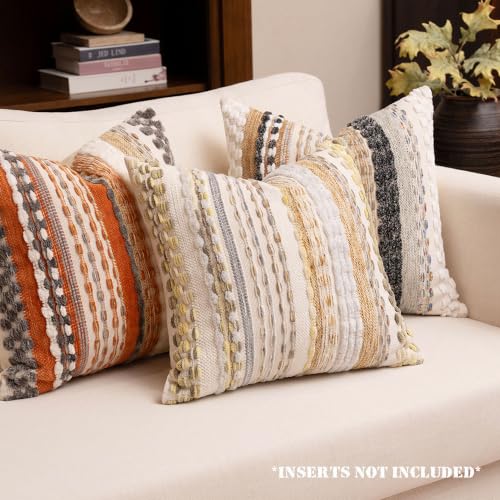 Boho Chenille Tufted Throw Pillow Covers 18x18 Inch Set of 2 Farmhouse Yellow Woven Striped Decorative Pillowcases for Couch Sofa Bed - color: Yellow