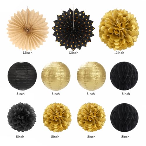 Black Gold Women-Men Birthday Party-decorations - 21pcs Happy Banner,Paper Streamers Lanterns Honeycomb,Tissue Pom Poms Fan,Classroom Birthday Supplies Decor Huglony - color: Black Gold Birthday