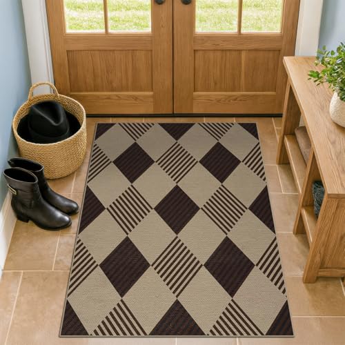 Easy Jute 3x4 Entryway Rug, Washable Non Slip Farmhouse Diamond Checkered - color: Tan Diamond, size: 3' x 4' (Rectangular)
