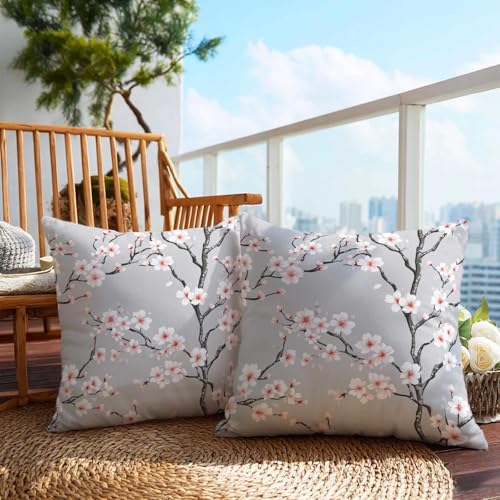 Firmiso Gray Cherry Blossom Throw Pillow Covers 18x18 Set of 2, Pink White Floral Decorative Cushion Covers, Japanese Inspired Branch Pillow Cases for Sofa Couch Living Room Bedroom Home Decor - color: Cherry Blossom