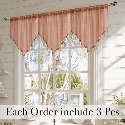WUBODTI Brown Beaded Sheer Valance Curtains for Kitchen 3PCs, Rod Pocket Boho Crystal Beads Tassel Lace Swag Curtains Farmhouse Sheer Window Valance for Living Room Bedroom Bathroom, Each W51 x L24 - color: Brown