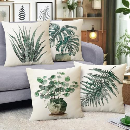 Fahrendom Tropical Plant Decorative Throw Pillow Covers 18x18 Set of 4 - color: Ferns