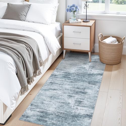 2x5 Non-Slip Washable Runner Rug – Modern Neutral Abstract Small Rug for Hallway, Kitchen, Bathroom, Bedroom, Entryway, Laundry Room – Thin Soft Low-Pile Rubber Backing (Blue Grey) - color: Misty Blue/Gray, size: 2' x 5' (Rectangular)