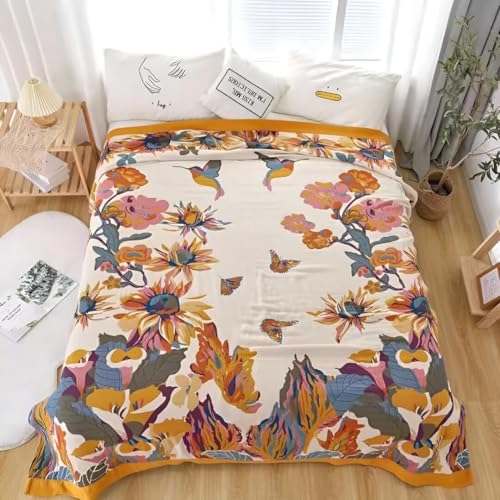 Boho Throw Blanket for Bed 100% Cotton Bohemian Blankets Ultra Soft Woven Muslin Decorative Blankets All Seasons Vintage Quilt Knitted Blanket for Sofa Chair(Yellow, 90"x98") - color: B-yellow, size: 90"x98"