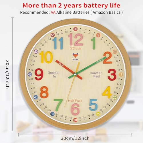 Foxtop Learning Clock for Kids - Telling Time Teaching Clock 12 Inch Silent Non-Ticking Battery Operated Kids Wall Clock for Kids Room Playroom Nursery Classroom School (3D Numerals) - color: 3d Multicolor 24 Hour-12"