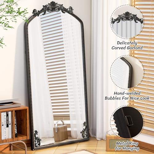 Black Arched Full Length Mirror 71"x32", Large Baroque Inspired Floor or Wall Mirror, Ornate Antiqued Hanging Mirror with Tempered Glass and Metal Frame for Living Room/Bedroom/Hallway Home Decor - color: Black, size: 71"L x 32"W