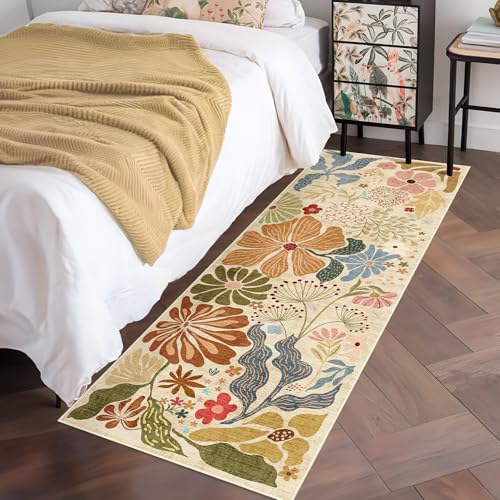 MUJOO Washable 2x6 Runner Rugs Floral Area Rugs Non Slip Low-Pile Beige - color: Beige, size: 2' x 6' (Rectangular)