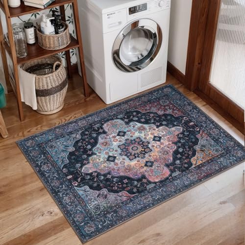 Tangsoo Vintage 2x3 Washable Rugs for Entryway, Non Slip Small Rug Blue - color: Navy/Multi, size: 2' X 3' (Rectangular)