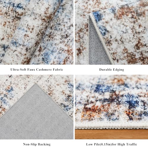 2x5 Non-Slip Washable Runner Rug – Modern Neutral Abstract Small Rug for Hallway, Kitchen, Bathroom, Bedroom, Entryway, Laundry Room – Thin Soft Low-Pile Rubber Backing(Blue Brown) - color: Blue/Brown, size: 2' x 5' (Rectangular)