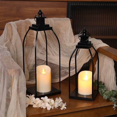 Decorative Candle Lanterns Set of 2, Black Metal for Indoor & Outdoor - size: 14+17in