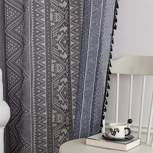 Black Geometric Sheer Curtains 63 inch Long, Fringed Edges and Textured Semi Sheer Curtains Large Window Treatments for Living Room/Bedroom, 2 Panels - color: Black Geometry, size: 52"W x 63"L (Pack of 2)