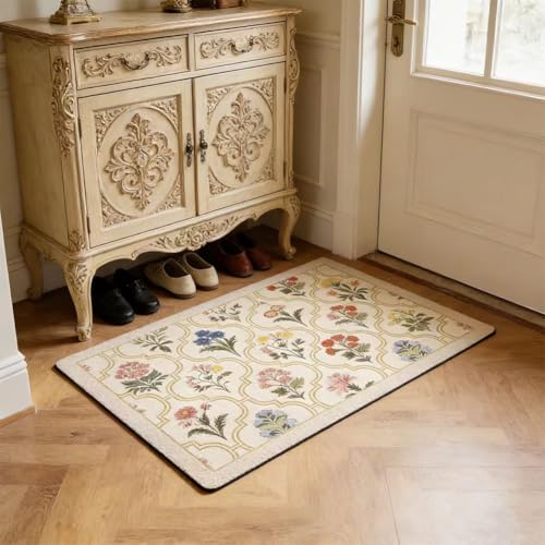 Vintage Floral Bathroom Rug Mat, 16"x24" Non-Slip Absorbent Bath Rug, Quick Dry Washable Entryway Rug, Retro Botanical Pattern Floor Mat for Bathroom, Kitchen, Bedroom (Yellow, Rectangular) - color: Rectangular,yellow, size: 24" x 16"