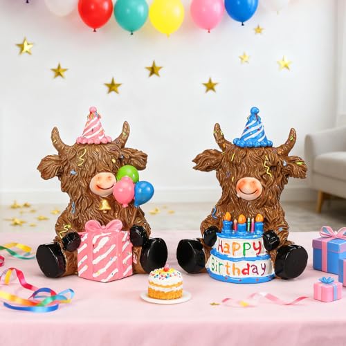 2 Pcs Resin Highland Cow Figurine Decor, Happy Birthday Theme - style: Happy Birthday