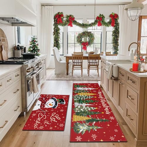 Christmas Kitchen Rugs Set of 2,Snowman Christmas Tree Christmas Rugs,Non-Slip Washable Kitchen Mats,Christmas Kitchen Decor,Suitable for Kitchen Holiday Sink Front Kitchen Mat,Red 17x30+17x47Inch - color: Red Christmas