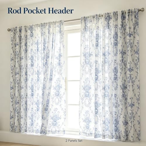 SUOUO Blue and White Toile Floral Semi Sheer Curtains 96 Inches 2 Panels - color: Blue-white, size: 52"W x 96"L (Pack of 2)