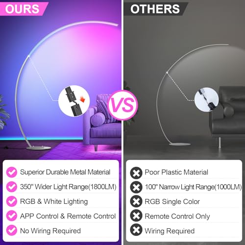 RGB Floor Lamp with 3 Color Temperatures, Ultra Bright 1800LM Smart Arc LED Floor Lamp with Remote Control, Music Sync, Scene Modes, Modern Standing Tall Lamp for Bedroom Living Room-Brushed Nickel - color: Brushed Nickel-RGB–67"–350" Ultra-Wide Coverage