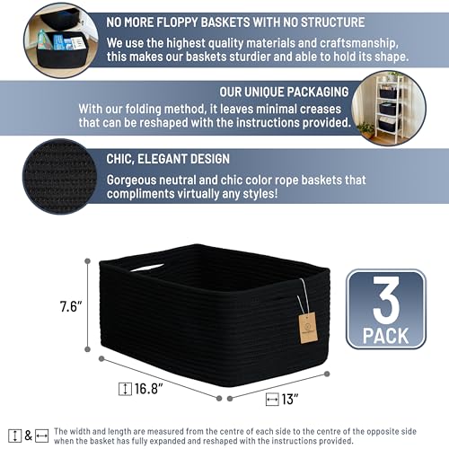 NaturalCozy Storage Baskets 16.8”x13”x7.6” Cotton Rope Woven Baskets for Organizing 3-Pack | Toy Storage Bins | Basket for Shelves, Laundry, Blanket, Clothes, Closet, Kitchen, Bathroom, Gifts - color: Black