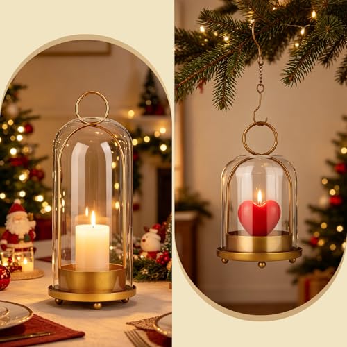 5"&4" Hurricane Glass Candle Holder Set - Hanging Pillar Candle Lantern with Glass Chimney, Metal Frame for Wedding Centerpieces Dining Table Mantel Holiday Home Decor