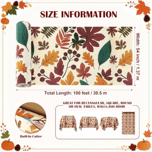100FT x 54IN Thanksgiving Plastic Tablecloth Roll with Slide Cutter Box - color: Brown Leaves, size: 1200" x 54" (Rectangular)