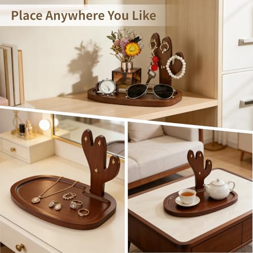 Key Tray for Entryway Table, Acacia Wooden Key Holder Stand with 4 Hooks and Storage Tray, Cactus-Shaped Organizer, Decorative Catchall for Glasses, Watch, Perfume, Jewelry