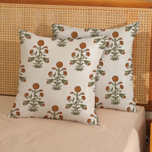 Fall Burnt Orange Sage Green Vintage Pillow Covers 18 x 18 Inch Set of 2 Boho Floral Outdoor Decor Throw Pillows Neutral Block Print Flower Farmhouse Decorative Pillowcases for Couch Bed Sofa - color: Green Burnt Orange, size: 18" x 18" (Pack of 2)