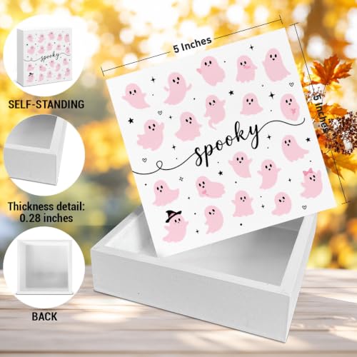 Halloween Pink Ghost Desk Decor, Cute Ghost Spooky Wooden Box Sign, Pink Halloween Shelf Decor for Home Office Table Decoration 5x5 Inches - color: Sign-5