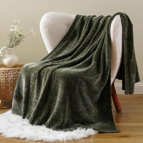Olive Green Chenille Throw Blanket for Couch, Cozy Knit Throw Blanket 51x67 - color: Olive Green