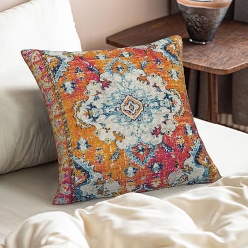 Vintage Boho Pillow Covers 18X18 Inch Set of 2 Antique Ethnic Orange Teal Carpet Pattern Throw Pillow Covers Bohemian Decorative Pillow Case Linen Cushion Cover for Home Couch Sofa Outdoor - color: Boho Style 1, size: 18" x 18" (Pack of 2)