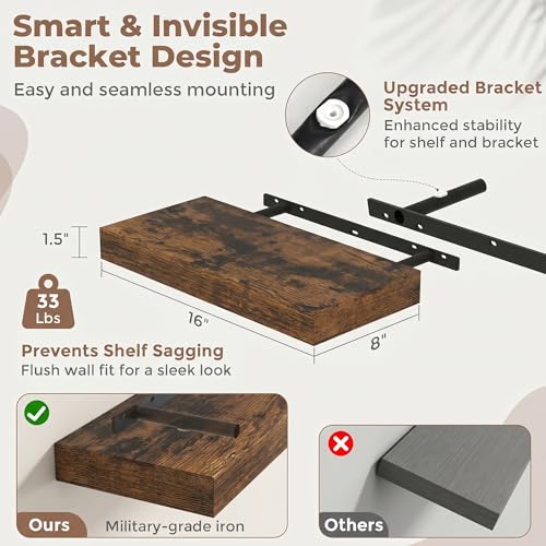 16 Inch Floating Shelves for Wall, 8"D Wood Storage Shelves, Brown Finish - color: Brown, size: 16 Inch