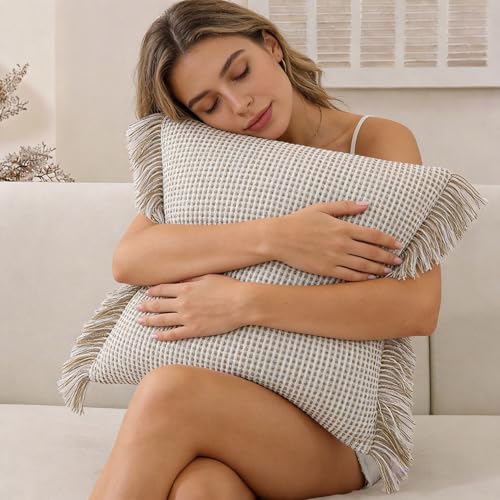 Handmade Tassel Boho Striped Fringe Pillow Covers Set of 2-20x20 Inch - color: Khaki, size: 20" x 20" (Pack of 2)