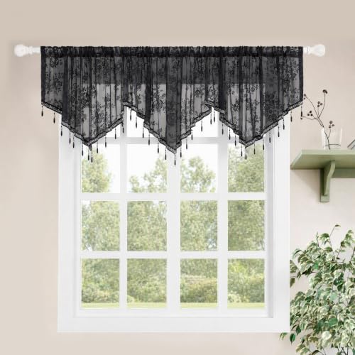 Molaxhome Swag Curtain Scalloped Curtain Valance Drape Sheer Lace Panel 1pc - color: Lace Black