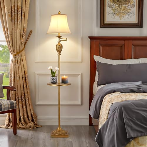 Traditional Floor Lamp with Tray, Remote Dimmable, 350° Swing Arm and Gold - color: Gold-1