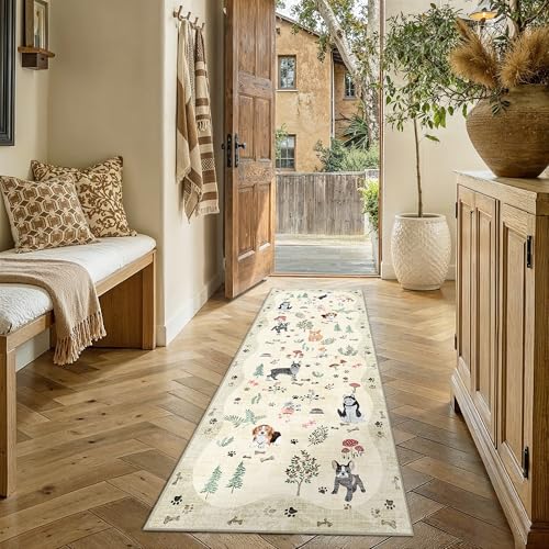 PureCozy Beige Washable Runner Rug 2x6 for Kitchen Floral Animal Accent - color: Beige/Dog, size: 2' x 6' (Runner)