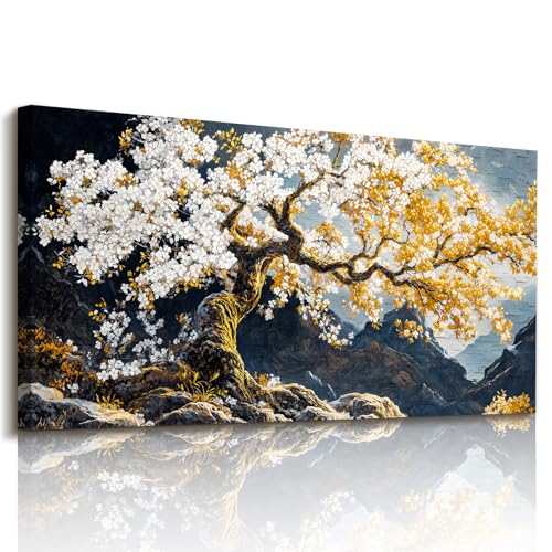 imjiayu Tree Wall Art, Zen Canvas Print, Gold Blossom Mountain Artwork - color: Ancient Tree, size: 40"L x 20"W